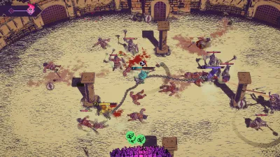 Three chained gladiators fight between stone pillars in a sandy arena.