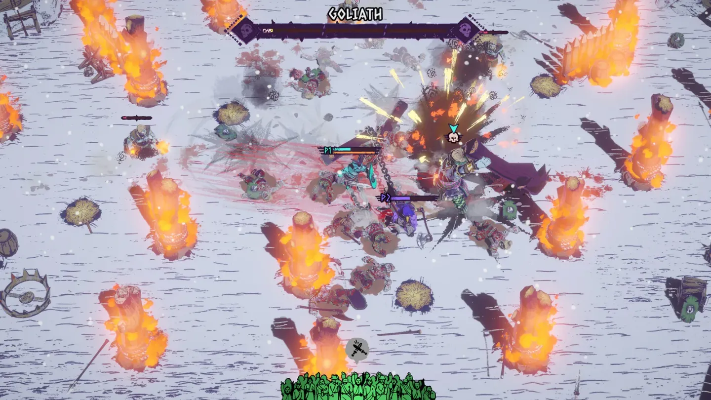 Two chained gladiators face Goliath in a snowy arena with burning pillars.