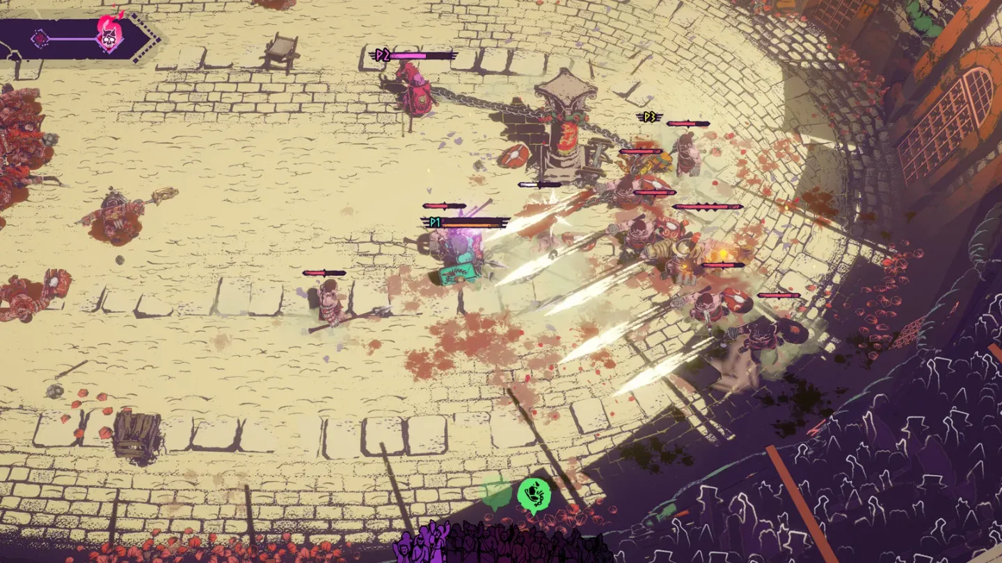 Three gladiators fight with bright weapon attacks in a sandy arena.