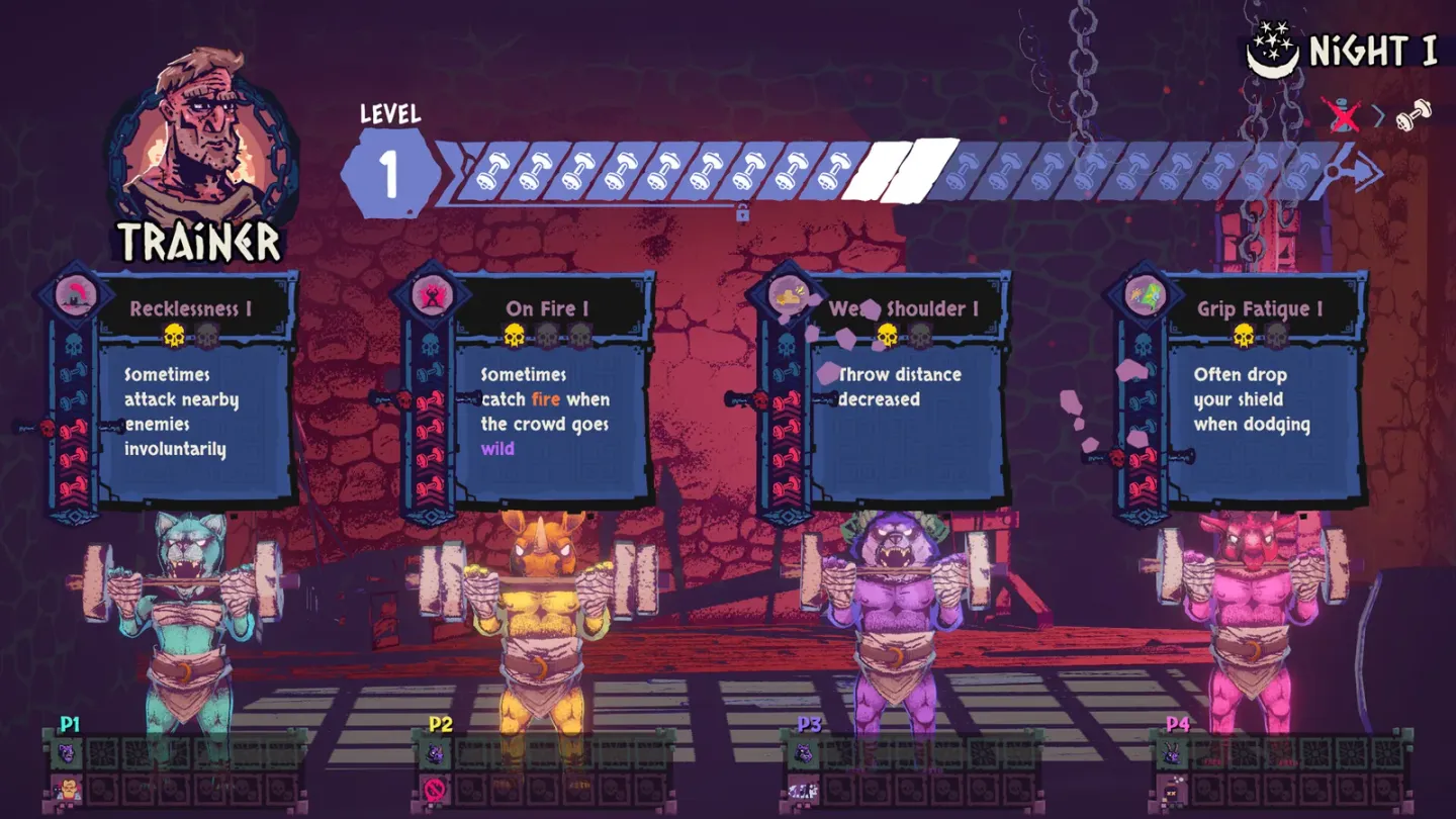 The trainer screen presents four choices between rounds.