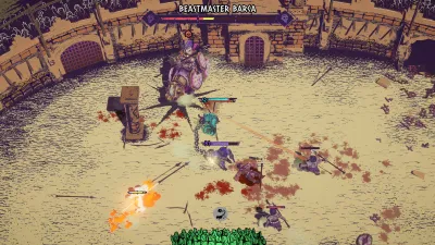 Beastmaster Barka appears in a sandy arena beside chained gladiators.