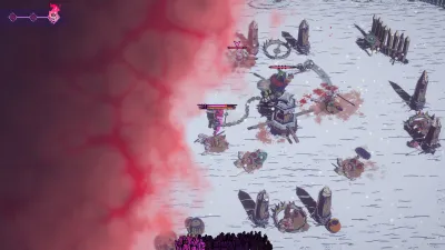 Two chained gladiators face enemies, spikes and a red mist wall in a snowy arena.