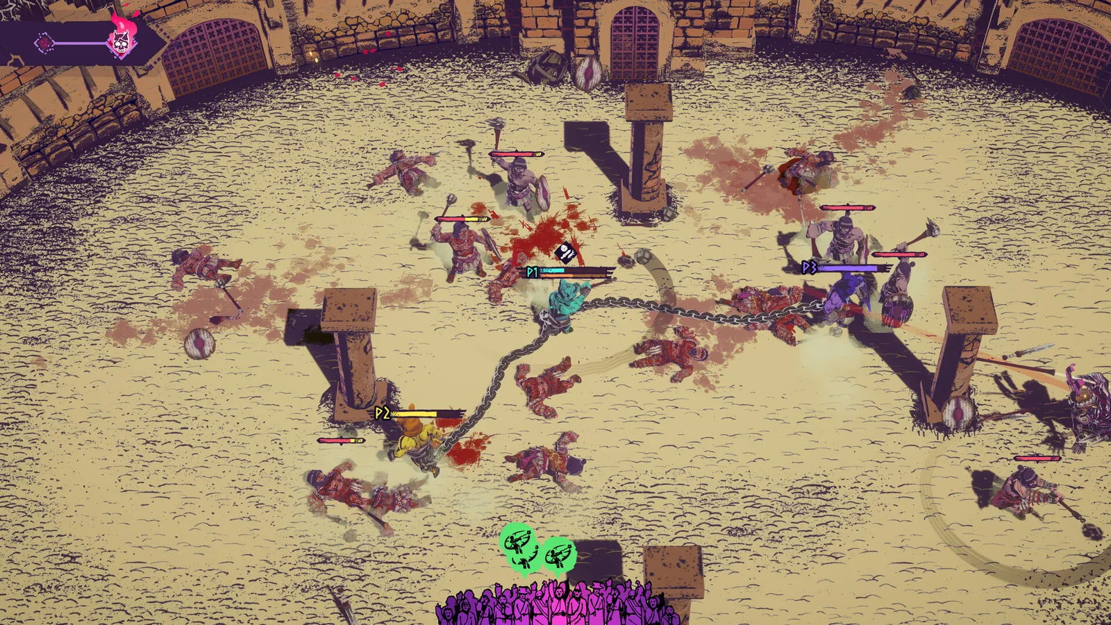 Three chained gladiators fight between stone pillars in a sandy arena.